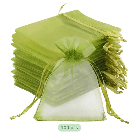 One Hundred Green Organza Bags With Sheer Mesh Drawstring Pouches 7.9x11.8 In For Weddings Favors Jewelry Candies Party Supplies
