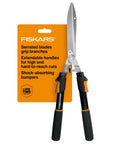 Extendable Hedge Shears With Power Lever For High Reach Pruning, Self Sharpening Serrated Steel Blades, Orange And Black, packaging visible
