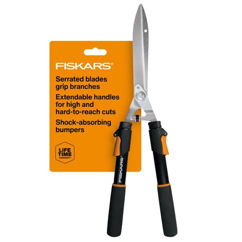 Extendable Hedge Shears With Power Lever For High Reach Pruning, Self Sharpening Serrated Steel Blades, Orange And Black, packaging visible