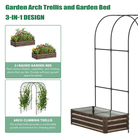 Do It All Galvanized Raised Garden Bed Set With Two Beds And 87 Inch Arch Trellis For Climbing Plants Outdoor Metal Planter Box With Netting And Wood Grain Finish for Flowers Vegetables And Fruit with arch trellis in use