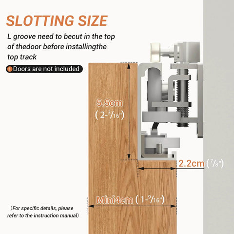 Concealed 38 Inch Sliding Barn Door Hardware Kit With Soft Close Aluminum Hidden Track System Wall Mount No Floor Track Fits Opening Width 25 To 31 Inches Door Not Included Smooth Quiet Operation And Durable Construction side view of slotting size specifications.
