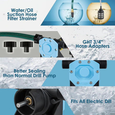 Heavy Duty Hand Drill Pump Moving 750 Gph Water Transfer Loads Brings Along Robust Suction Tubing And Grip Tight Adapters for cleanup.