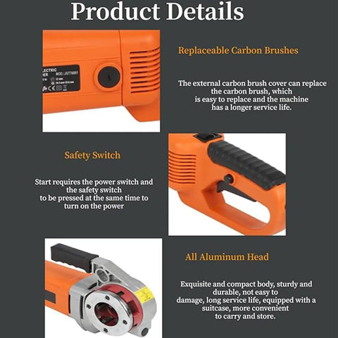 No Sweat 2300W Electric Pipe Threader With Six Die Head Kit showing safety switch, carbon brush cover, and aluminum head design.