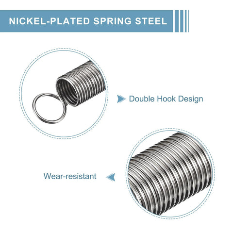 Nickel-plated steel extended tension spring with dual hooks; 7/16 x 10-1/4 in, 0.043 in thick, for machinery use.