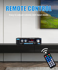 Compact Stereo Amplifier With Bluetooth 5.0 And 2 Channel Output on shelf with remote control for home audio setups in bedrooms or offices.