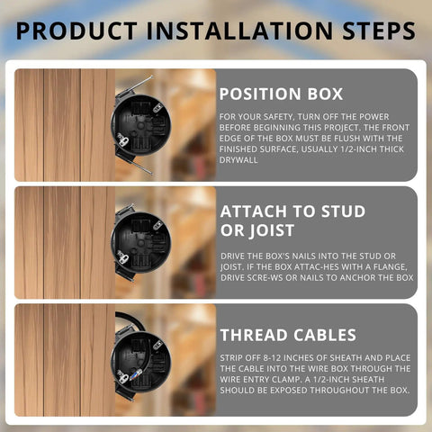 Installation guide for New Work 4 Inch Round Ceiling Electrical Box 1 Gang Black PVC ETL Listed 20 Cubic Inches Nail In Ceiling Box