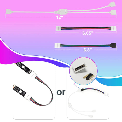 LED Strip Connector Kit For 5050 10Mm 4Pin With 8 Solderless Accessories, showing cable lengths and connections.