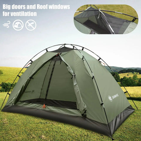 2 Person Ultralight Backpacking Tent For Camping With Waterproof Windproof Build Two Doors Easy Quick Setup Lightweight Instant Tent For 3 Season Outdoor Hiking And Backcountry Trips, shown set up on grass