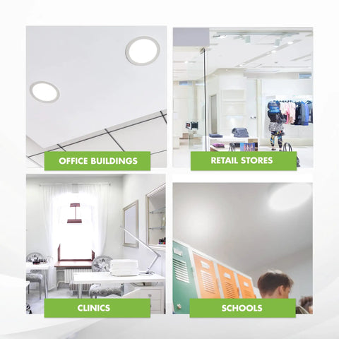 Collage showing applications of Ultra Efficient 26W CFL Plug In Bulb With GX24Q3 Base in offices, stores, clinics, and schools.