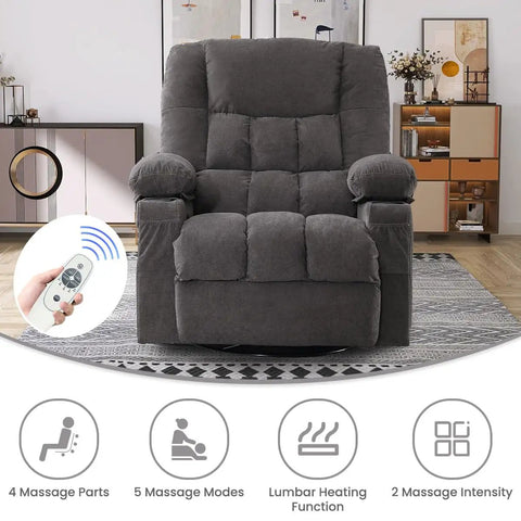 Oversized Recliner Chair For Adults With Vibration Massage And Lumbar Heating Swivel Rocker Recliner In Living Room