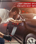 Person using Pro Grade Auto Body Dinging Spoon Dent Repair Slapper Tools For Smoothing Dings On Metal Panels And Bodywork, Easy Ridged Alignment For Cars Planes And Industrial Panel Repairs.