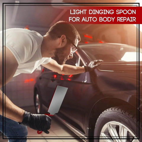 Person using Pro Grade Auto Body Dinging Spoon Dent Repair Slapper Tools For Smoothing Dings On Metal Panels And Bodywork, Easy Ridged Alignment For Cars Planes And Industrial Panel Repairs.