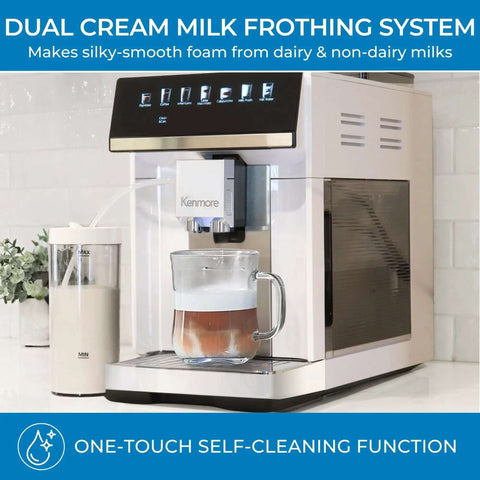 Barista-Grade All In One Espresso Machine With Built In Grinder Milk Frother And Steamer Auto Tamper Descaler Color Touch Display And One Touch Drinks Like Espresso Cappuccino Latte Macchiato Americano For Home Or Office White showing front view with milk frothing system and glass cup of coffee.