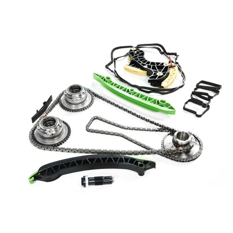Ultimate Timing Chain Kit With VVT Sprocket Oil Pump And Guide Rail For 2012-2014 Mercedes C250 1.8L High Strength Alloy Build That Keeps The Engine Running Smooth Like A Dream., timing chain kit parts laid out on white background