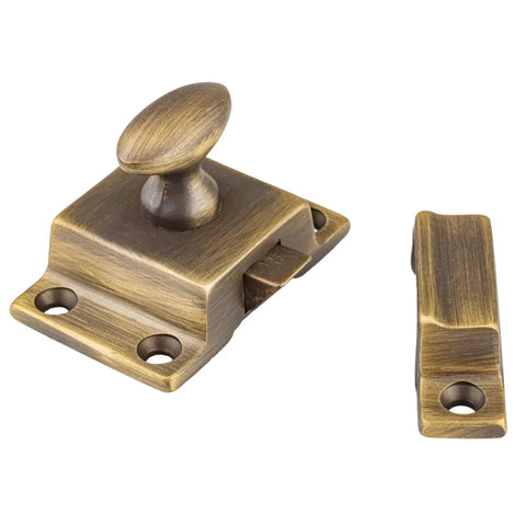 Top Shelf Antique Brass Cabinet Door Latch With Classic Oval Turn Spring Loaded Cupboard Hardware, 1 3/4 inch brass latch.