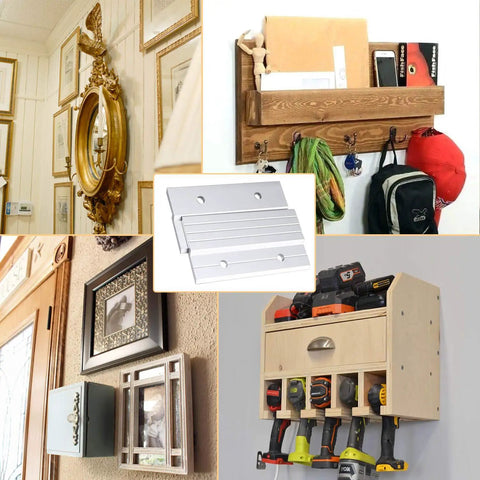 Heavy Duty Aluminum 4 Inch Z Clip Interlocking Picture Cleat Wall Mounting Kit For Flush Mount Displays shown with different uses