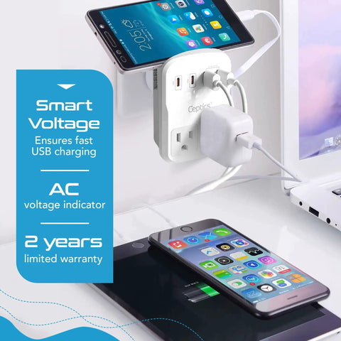 World Travel Adapter Kit With 2 US Outlets 2 USB A Quick Charge 3.0 2 USB C 20W Power Delivery Surge Protection SWADAPT in use
