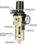 Half Inch Air Compressor Filter Regulator Combo With Brass Five Micron Filter Element, Water And Oil Trap, Pressure Gauge, Semi Auto Drain, And Mounting Bracket