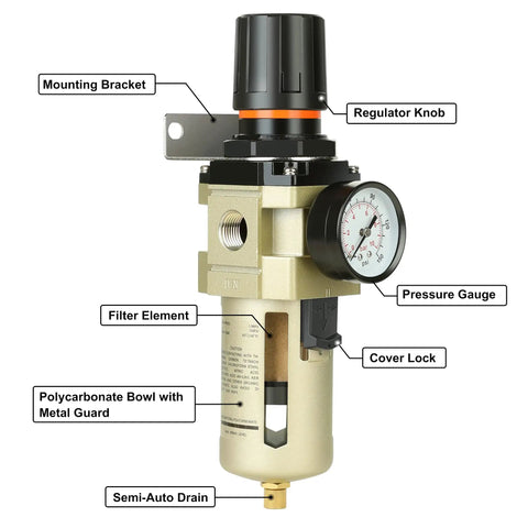 Half Inch Air Compressor Filter Regulator Combo With Brass Five Micron Filter Element, Water And Oil Trap, Pressure Gauge, Semi Auto Drain, And Mounting Bracket