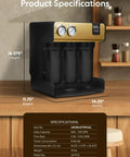 Heavy Duty Five Stage Reverse Osmosis System With Post Brew Coffee Mineral Boost dimensions and features on display.
