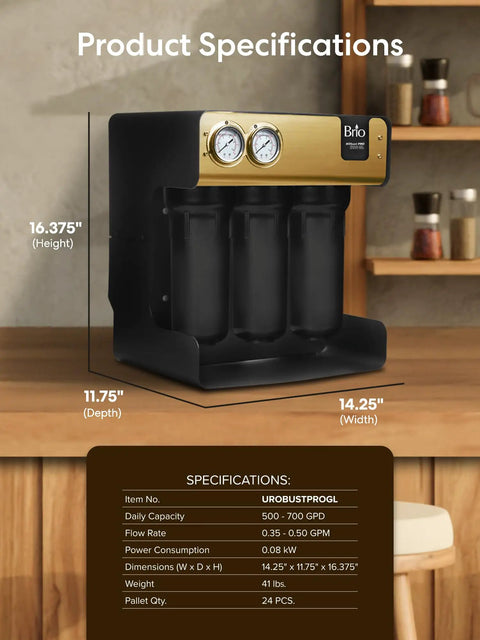 Heavy Duty Five Stage Reverse Osmosis System With Post Brew Coffee Mineral Boost dimensions and features on display.