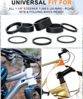 Six Sizes Half One Three Five Ten Fifteen Mm Carbon Fiber Headset Spacers Matte Finish Lightweight Precision Fit For One And One Eighth Inch Stems On Mountain And Road Bikes shown on bikes and close-up of spacers.