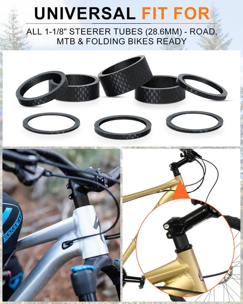 Six Sizes Half One Three Five Ten Fifteen Mm Carbon Fiber Headset Spacers Matte Finish Lightweight Precision Fit For One And One Eighth Inch Stems On Mountain And Road Bikes shown on bikes and close-up of spacers.