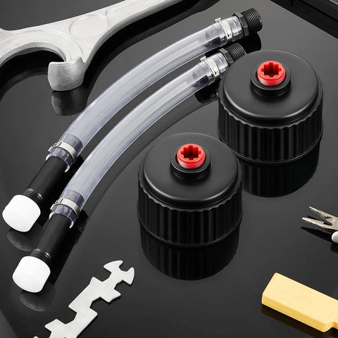 4 Piece Racing Fuel Jug Cap Kit with 2 Caps and 2 Hoses for 5 Gallon Gas Cans on black surface.