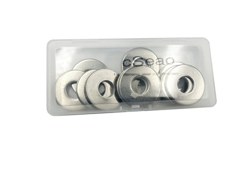 Front view: cSeao stainless steel flat washers in a clear plastic case (3/16 in ID x 1/2 in OD, 304 SS)