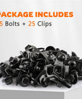 One Quarter Inch Body Fastener Kit With Twenty Five Bolts And Twenty Five U Nut Clips shown on a white surface