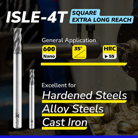 Carbide square end mills, 5/16 in, 4-flute, extra-long reach; two pieces.