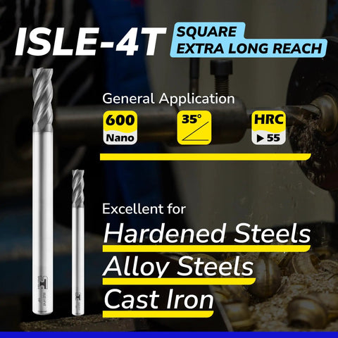 Extra Long Reach Micrograin Carbide Square End Mill, Four Flute, One Quarter Inch Shank And Cutting Diameter, Four Inch Overall Length, Dual Pack Pro Grade tool with hardened and alloy steel application