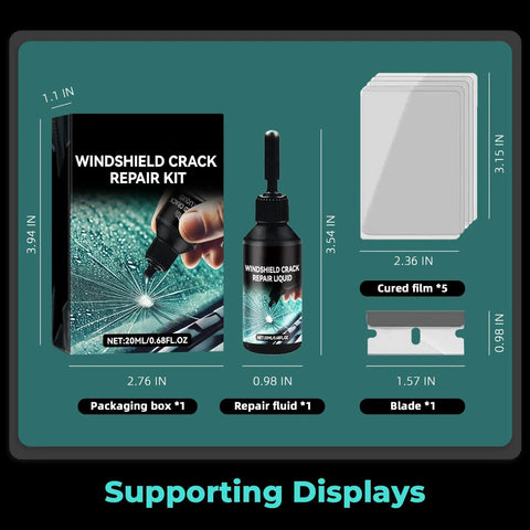 All Purpose Windshield Crack Repair Kit With 5 Minute Quick Glass Liquid For Windshields And Mirrors All Crack Types 0.68 Fl Oz Upgraded 2026 Version Long Lasting Durable Chip Repair including packaging, fluid, blades and film
