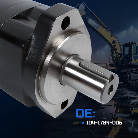 Hydraulic Motor 104-1789-006 Replacement For Eaton Char-Lynn 2000 Series, 9.59 Cu In Displacement, 2-Bolt SAE-A Mount, 470 RPM, 2780 PSI Beefed-Up Heavy-Duty shown with steel shaft