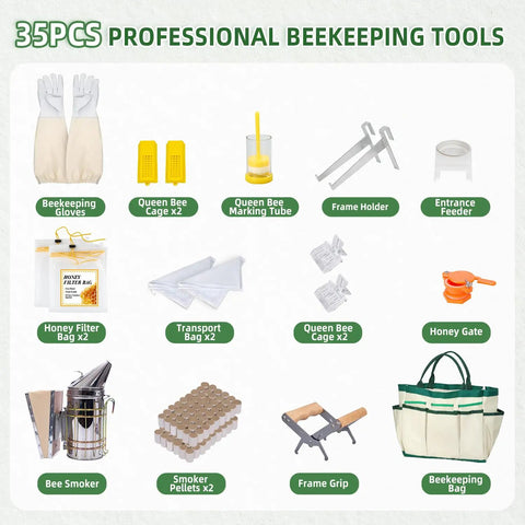 35-piece beekeeping tools set with gloves, smoker, queen bee cages, and bags in Beekeeping Starter Kit For Beginners With XXL Full Body Protective Suit