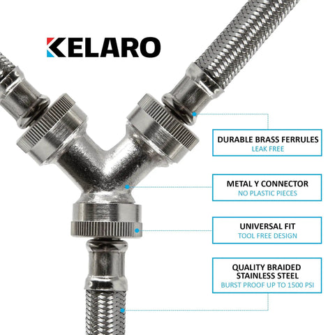 Steam Dryer Hose Installation Kit 4 Ft Stainless Steel Flexible Connector With Brass Y Adapter And Inlet Hose Universal Fit For All Steam Dryers No Plastic Parts showing brass Y adapter and stainless steel hoses