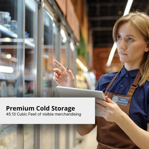 Top Shelf Heavy Duty Commercial Reach In Refrigerator With Split Glass Doors 49 Inch Two Section Design, employee pointing at contents.
