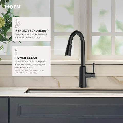 Pulldown Kitchen Faucet With Power Clean Spray And Reflex Docking System For Easy Docking, Smooth Operation, And Powerful Cleaning, One Handle Modern Sink Faucet 7402C in black finish, installed in a modern kitchen setting.