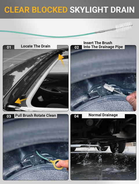 Step-by-step usage of 120 Inch Auto Sunroof Drain Cleaning Tool With Flexible Steel Wire PVC Tube Brush for clearing drains