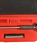 LLDSIMEX dial bore gauge set in red plastic case; measuring range 0.7-1.5 in with 0.0005 in graduations