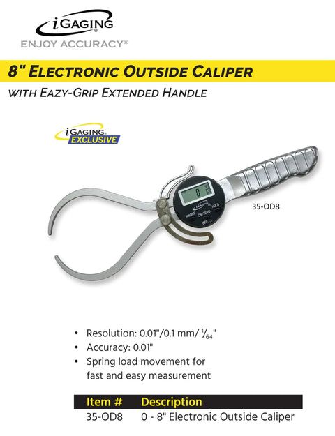 8 Inch Digital Outside Caliper With Big Readout displayed, showing switchable modes for precise measurements in various projects.