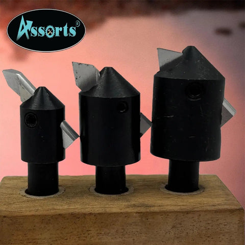 Assorted Three Piece Fly Cutter Set For Milling Machines With HSS Tool Bits In Multiple Shank Sizes on wooden block