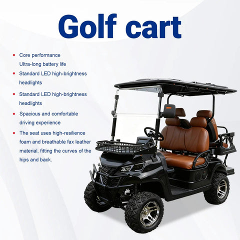 Side view of a 45 Mile Long Range 60V Electric Golf Cart 4 Seater with premium leather seats and LED headlights.
