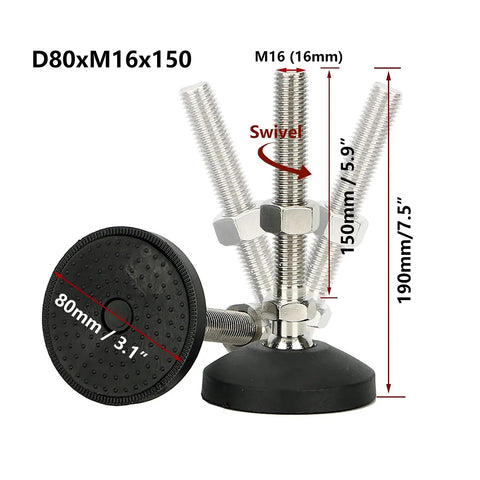 Heavy Duty Furniture Levelers That Kick Your Wobble Out Fast M16 Swivel Legs with 5.9 Inch Adjustment Range, detailed view of adjustable steel and nylon parts.