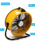 24 Inch Heavy Duty Industrial Oscillating Metal Drum Fan Solid Steel Beast Adjustable Tilt And Multi Speed Settings For Slashing Heat In Garages Workshops And Basements showing speed control knob, adjustment knob, and protective mesh cover.