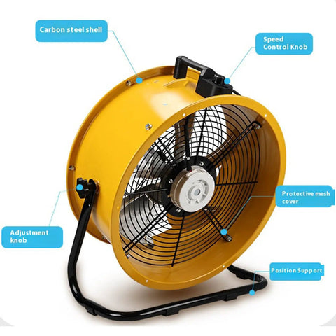 24 Inch Heavy Duty Industrial Oscillating Metal Drum Fan Solid Steel Beast Adjustable Tilt And Multi Speed Settings For Slashing Heat In Garages Workshops And Basements showing speed control knob, adjustment knob, and protective mesh cover.