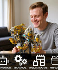 Man assembling Golden Mechanical Lion Building Block Kit With Movable Limbs And Exposed Gears Futuristic Beast Model on a table.