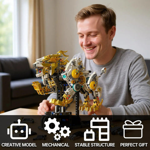 Man assembling Golden Mechanical Lion Building Block Kit With Movable Limbs And Exposed Gears Futuristic Beast Model on a table.