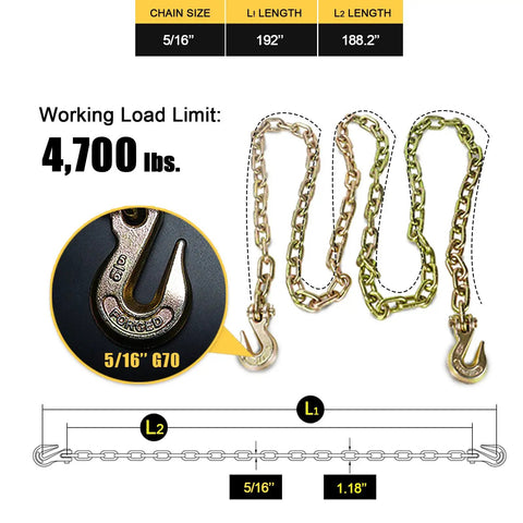 Beefy Heavy Duty 5/16 Inch 16 Feet Transport Chain 2 Pack Grade 70 Tow Chain With Clevis Grab Hooks, diagram and close-up