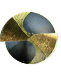 HSS drill bit tip, close-up view with gold/black coating and four flutes